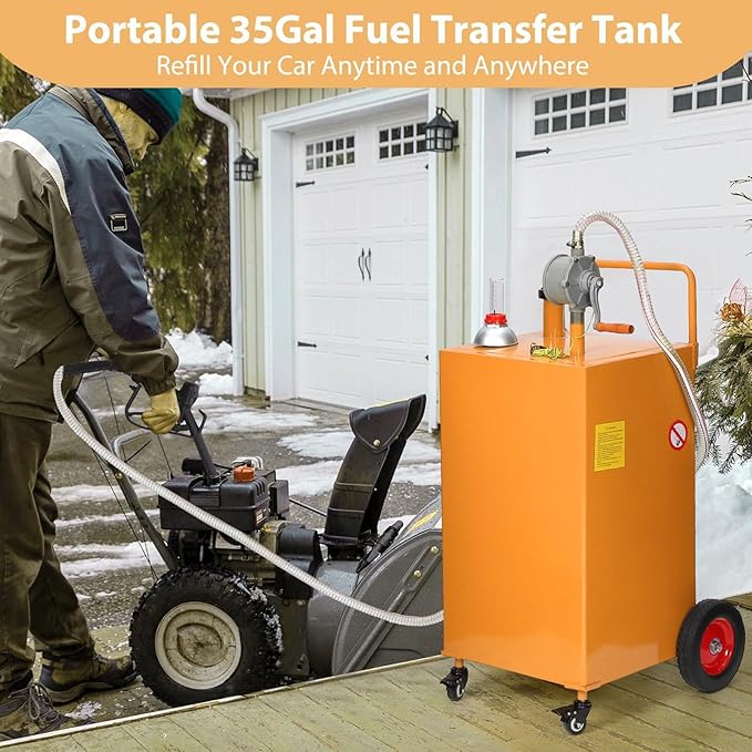 35 Gallon Fuel Caddy with Manual Pump, Heavy Duty Portable Gas & Diesel Transfer Tank on 4 Wheels, Spill-Proof Container for Truck, Tractor, Boat, ATV, Farm,Orange