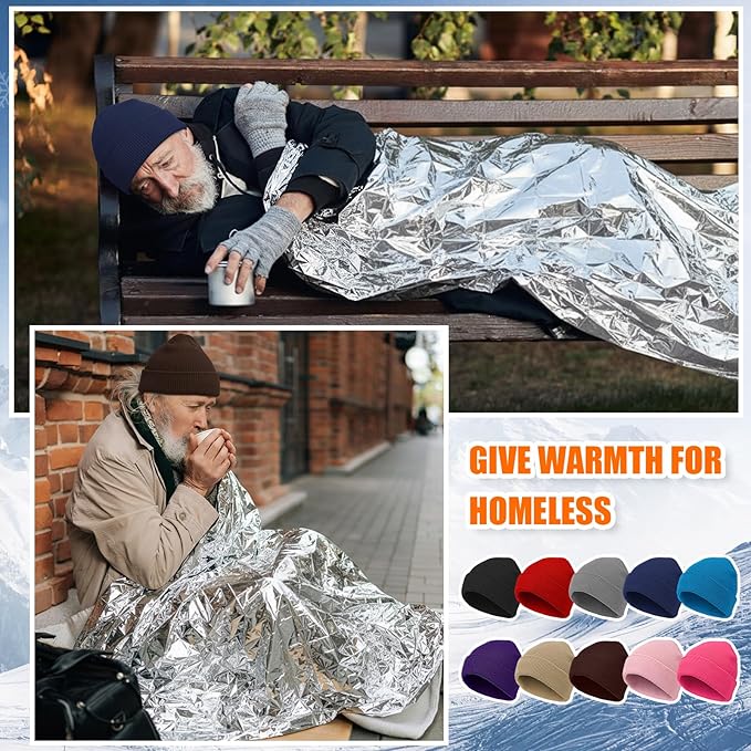 200 Pcs Emergency Blanket Beanie Hat Bulk Homeless Package Care Supplies Survival Kit for Cold Weather Outdoor Camping Hiking (Bright)