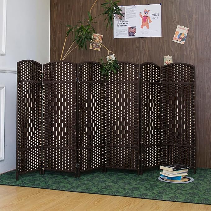 6 Panel Rattan Divider Short Room Partition Screen,Double Sided Folding Divider for Room Separation,Dark Brown,47.2" H x 94.5" W