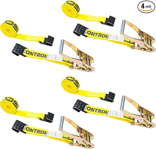 US Cargo Control Flat Hook Ratchet Straps 2 Inch x 12 Foot (4-Pack), Yellow 2 Inch Ratchet Straps Heavy Duty with Black Flat Hooks, 3,333 lbs. Working Load Limit, Tie Down Straps for Trailer, Truck