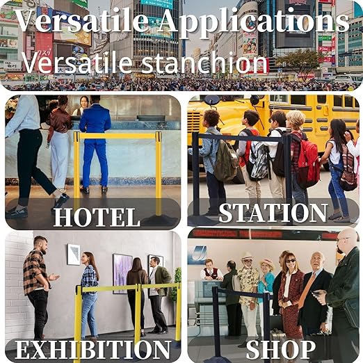 BESEA 4 Pack 36" Black Crowd Control Barriers with 10FT Retractable Belt, Heavy Duty Rectangle Base Stanchions for Queue Management, Event, Hotel, and Airport Use