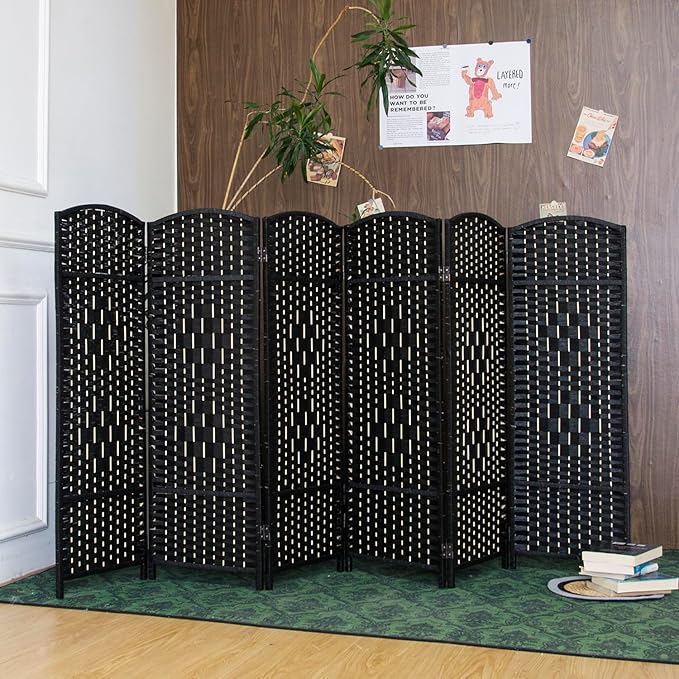 6 Panel Rattan Divider Short Room Partition Screen,Double Sided Folding Divider for Room Separation,Black,47.2" H x 94.5" W