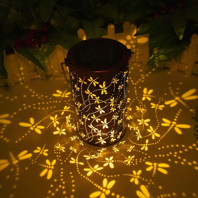 YISITEONE 4-Pack Dragonfly Outdoor Solar Lanterns, Garden Waterproof Metal Hanging Decor Lights for Patio Yard Pathway Lawn Front Porch, Birthday Gardening Gifts for Women Mom Grandma