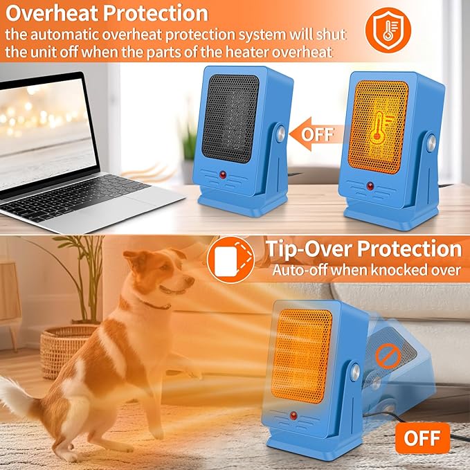 Portable Space Heaters for Indoor Use,Desktop Heater with 900W PTC 2s Fast Heating, 30° Adjustable Angle Design Small Electric Heater Lightweight for Personal, Office,Room,Blue