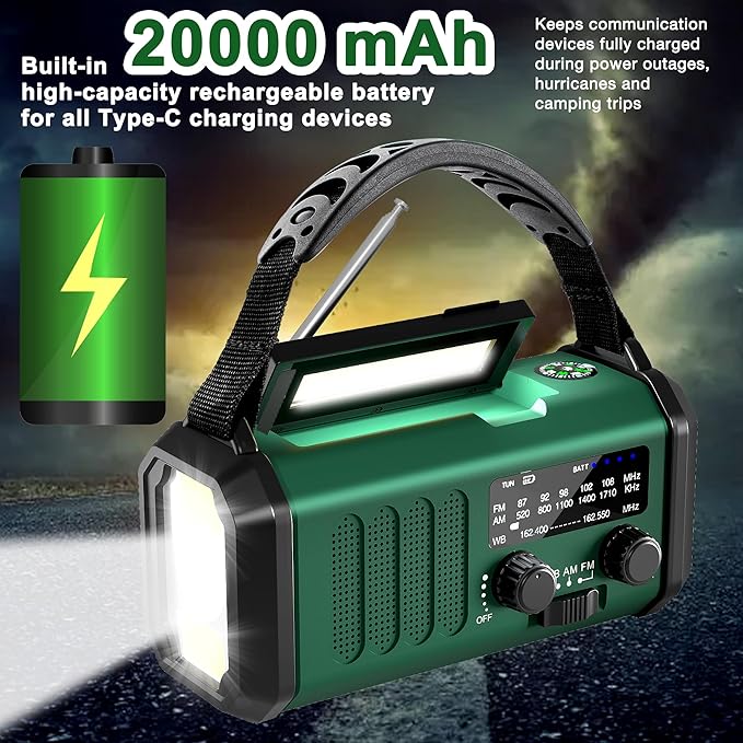 Gifts for Men Dad Husband - Christmas Stocking Stuffers, Emergency Hand Crank NOAA Weather Radio with Solar Charging 20000mAh Battery Built-in Flashlight, Reading Light & SOS Alarm