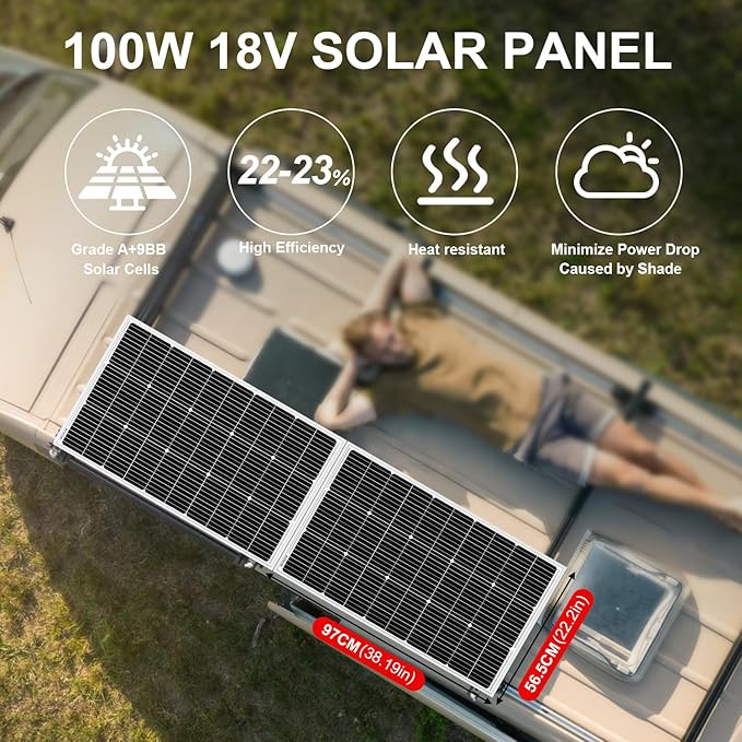 DOKIO 100W 18V Solar Panel 2-Pack for 12V Battery Charging, Monocrystalline Glass Modules with Aluminum Frame, MC4, Pre-Drilled Holes, Series/Parallel for RV, Boat, Roof, Off-Grid Systems