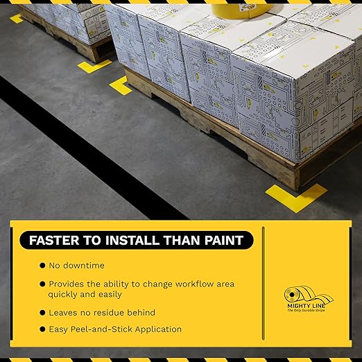 Mighty Line Solid Floor Marking Tape for Safety, Caution, Warning, Heavy-Duty, Peel and Stick Adhesive, Beveled Edge Design, Industrial Quality, 6 inch, 100' Roll, Black