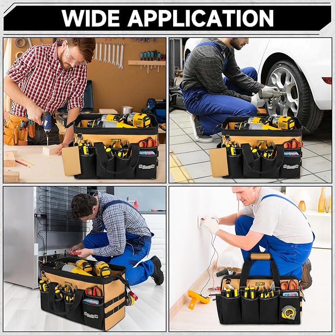 Tool Bag,16-Inch Heavy Duty Tool Bags for Men,27 Pockets Tool Box Organizer Storage,Wide Mouth Toolbag Tools Tote Carrying Case for Dad,Mechanic,Electrician,Black+Brown,Bag Only