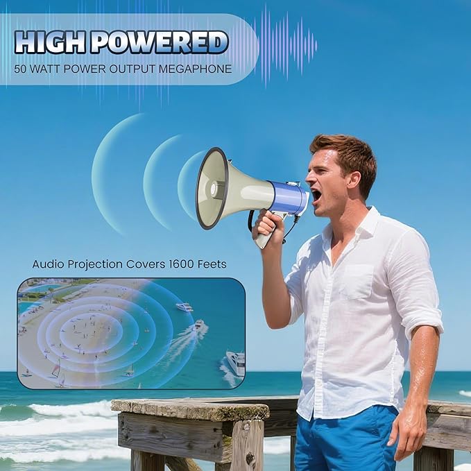 50 Watt Megaphone Bullhorn with Detachable Microphone, 240s Recording and Siren - Perfect for Indoor/Outdoor Sporting Events and Crowd Control