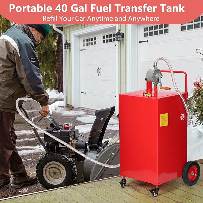 40 Gallon Fuel Caddy with Manual Pump, Heavy Duty Portable Gas & Diesel Transfer Tank on 4 Wheels, Spill-Proof Container for Truck, Tractor, Boat, ATV, Farm,Orange