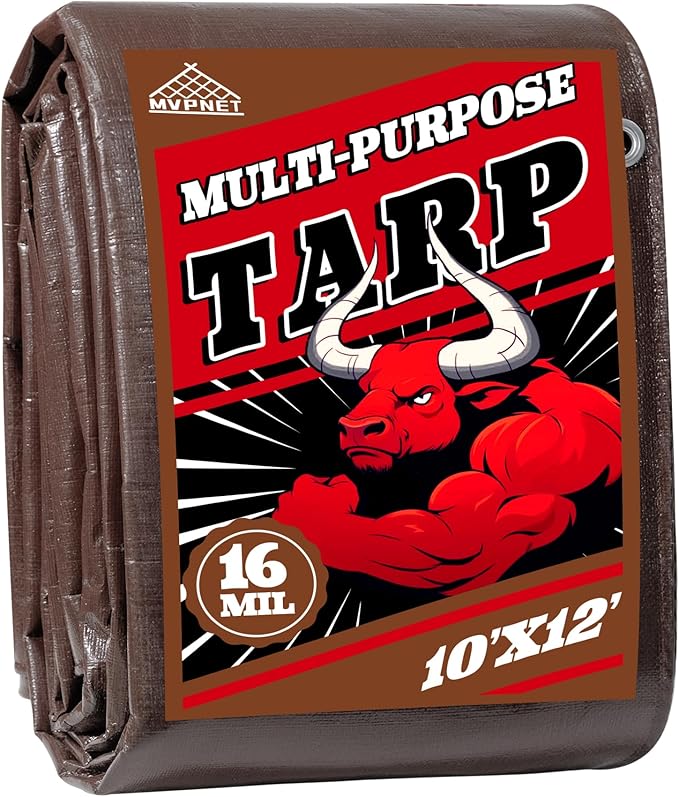 Tarp 10x12 ft Super Heavy Duty 16mil 100% Waterproof,Uv Resistant,High Durability Multipurpose Brown Tarp Suitable for Courtyards, Cars, Camping, Gardens, Pet Nests -by Mvpnet