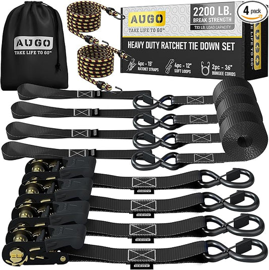 AUGO Ratchet Straps Heavy Duty 4 Pack -15 FT - 2200 LB Break Strength – Ratchet Tie Down Straps with Safety Lock S Hooks - Cargo Straps for Moving, Appliances, Motorcycle – Soft Loop Tie Down Straps