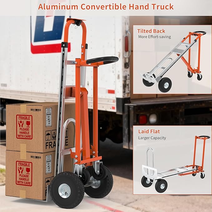 3-in-1 Folding Hand Truck, 800lbs Aluminum Convertible Hand Truck, Dolly for Moving,Heavy Duty Industrial Platform Cart Handtruck for Construction, Logistics, Shopping, Home, Office Moving (Orange)