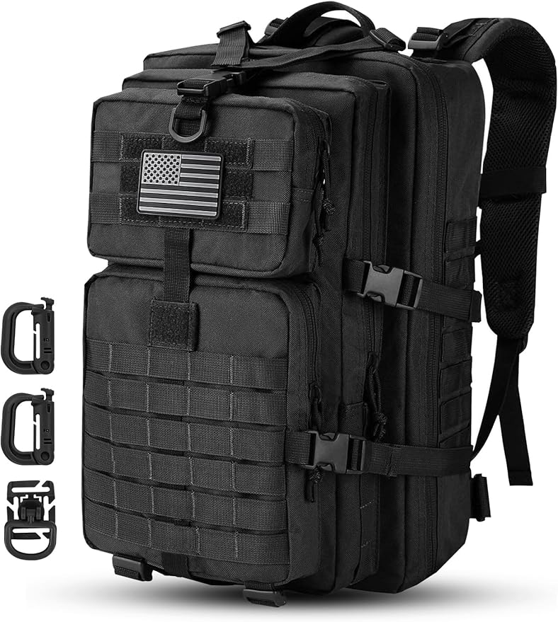 MOLLE Assault Backpack, Tactical Backpack Military Army Camping Rucksack, 3-Day Pack, D-Rings, Black with Gray Patch