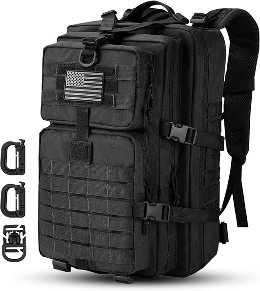 MOLLE Assault Backpack, Tactical Backpack Military Army Camping Rucksack, 3-Day Pack, D-Rings, Black with Gray Patch