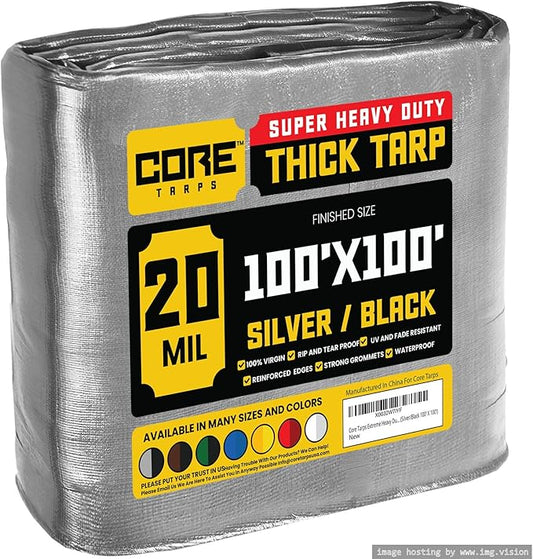 Core Tarps Extreme Heavy Duty 20 Mil Tarp Cover, Waterproof, UV Resistant, Rip and Tear Proof, Poly Tarpaulin with Reinforced Edges for Roof, Camping, Patio, Pool, Boat (Silver/Black 100′ X 100′)