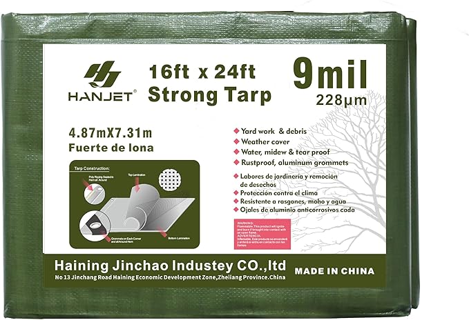 Heavy Duty Tarp 16' x 24' 9-mil Waterproof Poly Reinforced Tarp Cover Tent Shelter Camping Tarpaulin with Grommets Forest Green