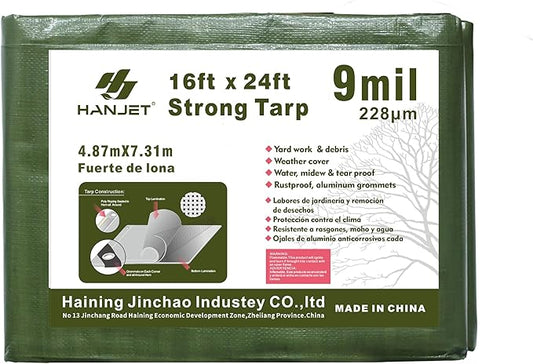 Heavy Duty Tarp 16' x 24' 9-mil Waterproof Poly Reinforced Tarp Cover Tent Shelter Camping Tarpaulin with Grommets Forest Green
