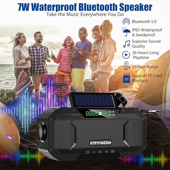 Solar Hand Crank Emergency Radio with Waterproof Bluetooth Speaker,Portable AM FM NOAA Weather Radio, Rechargeable 5000mAh Battery Power, Wind Up Flashlight Phone Charger, SOS,Survival Storm Hurricane