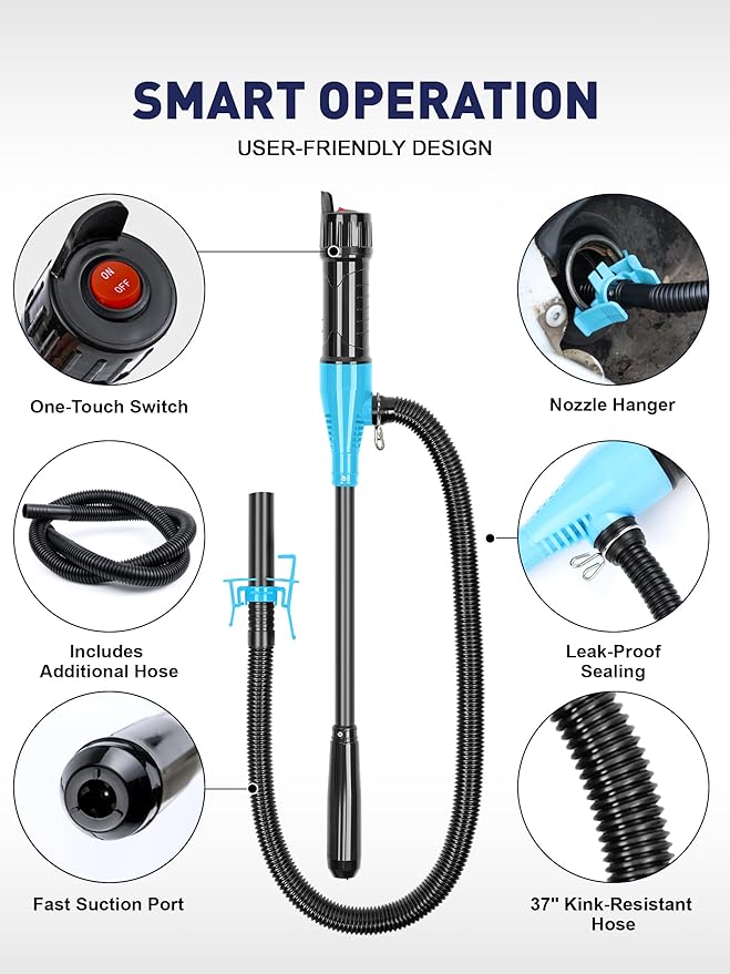 SMART JERRY - Portable Fuel Transfer Pump Battery Powered - 2.8 GPM Electric Liquid Transfer Pump for Gasoline, Water, Oil, 12V Hand Siphon Pump for Car, Boat, RV, Farm & Home Use