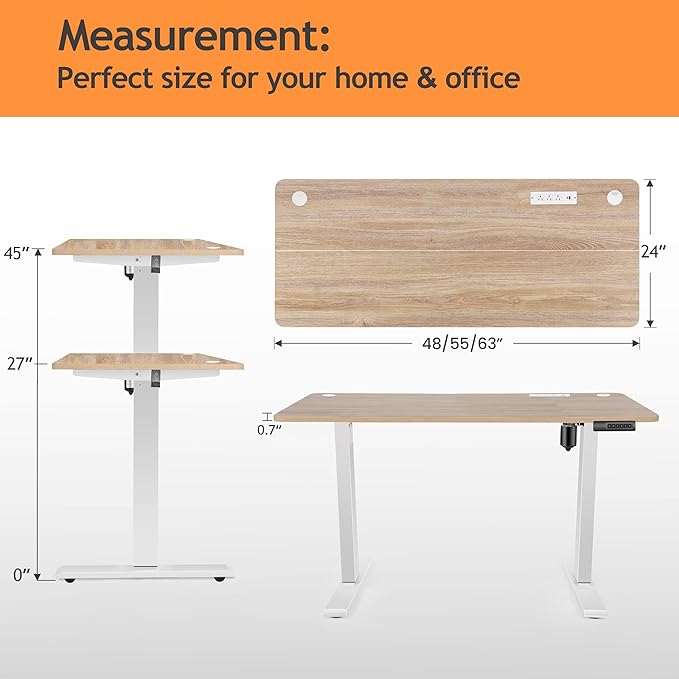 Electric Standing Adjustable Height Desk 48'' x 24''Sit Stand Desk with Charging Station, 2 USB Ports, 3 Power Outlets, 27''-46'' Lifting Range Computer Workstations(Oak)