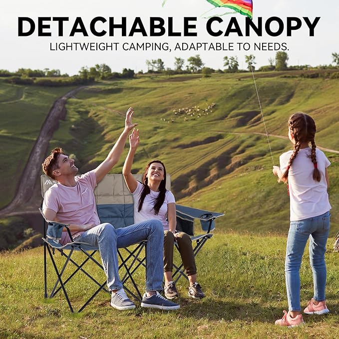 Double Beach Chair With Canopy Shade Camping Chair With Canopy Oversized Camping Chair With Removable Roof Folding Loveseat Chair With Two Cup Holders and Cooler Bag For Camping,Beach, Fishing