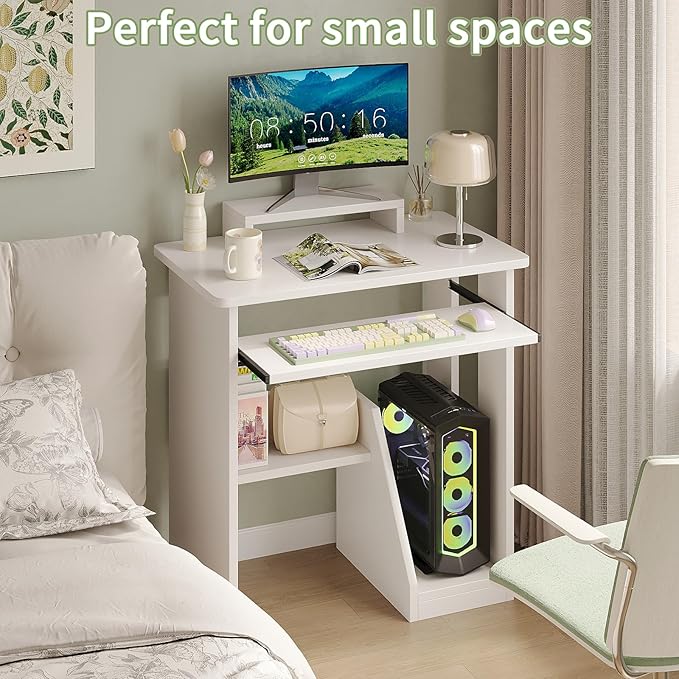 ALISENED 30" Small Computer Desk with Keyboard Tray Monitor Stand, Study Writing Desk with Storage Shelves, Modern Workstation for Small Spaces, Save Space, White