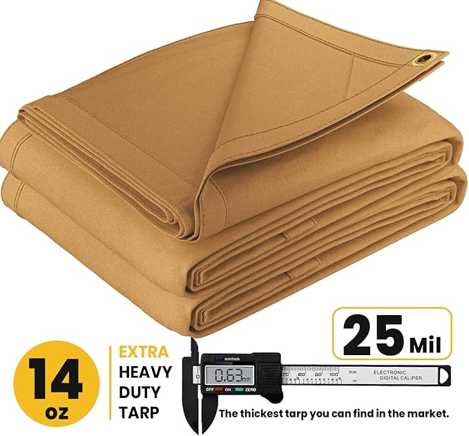 PROTARP Heavy Duty 14 OZ Water Resistant Canvas Tarp, UV Resistant Tarpaulin Cover with Rustproof Brass Grommets, Multipurpose for Canopy, Roof, Camping, Woodpile (Tan 5'X7')