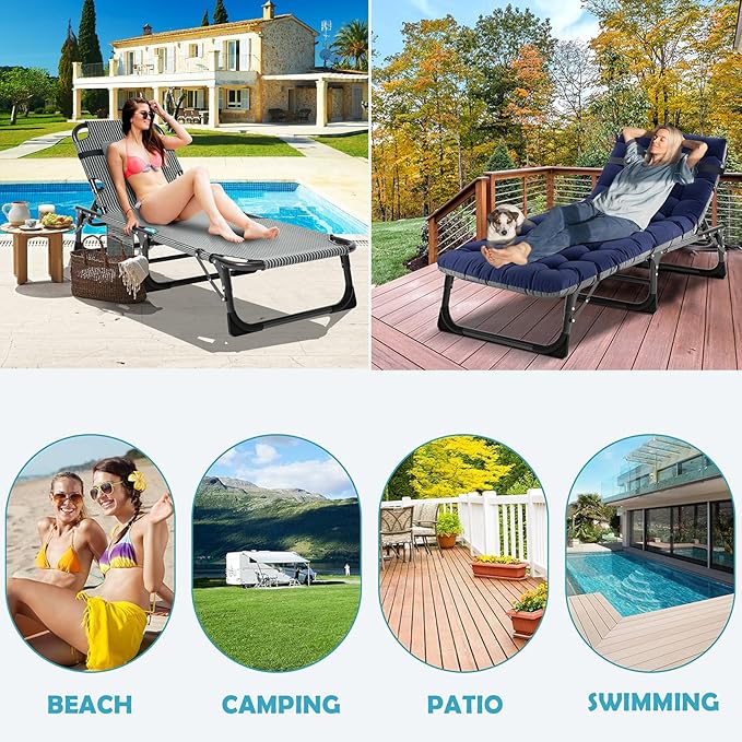 ABORON Patio Lounge Chair, Folding Guest Bed Cot for Adults, 500LB Heavy-Duty Capacity, Portable Extra Bed with Comfort Mat, Quick Fold Design for Indoor Guest Stays & Temporary Use