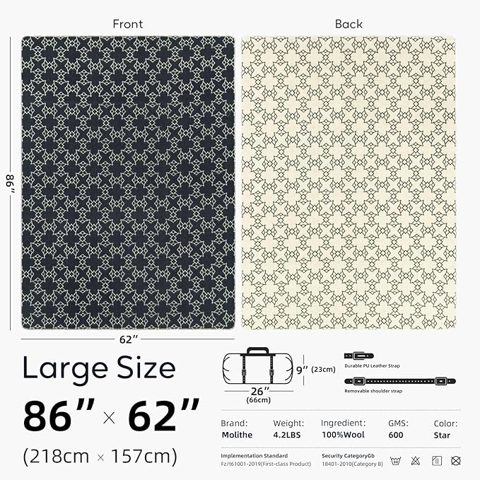 100% Wool Blanket, 62" x 86", Warm, Thick, Washable, Military Wool Blanket, Great for Camping, Outdoors, Sporting Events, Survival Kits Star