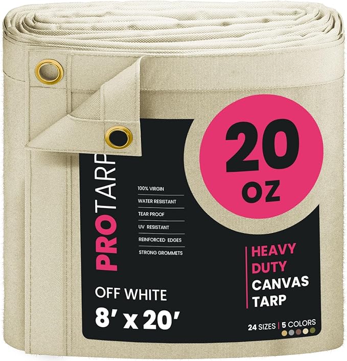 PROTARP Extreme Heavy Duty 20 OZ Water Resistant Canvas Tarp, UV Resistant Tarpaulin Cover with Rustproof Brass Grommets, Multipurpose for Canopy, Roof, Camping, Woodpile (Off White 8'X20')