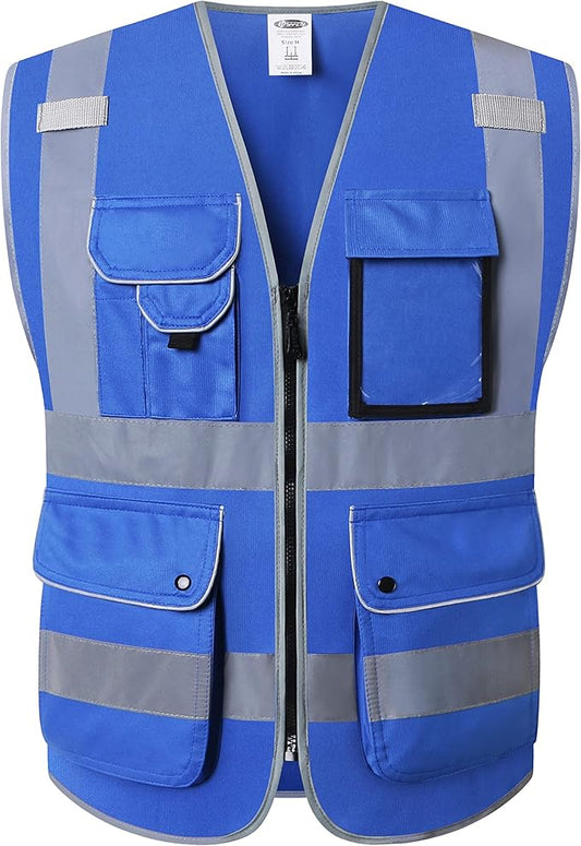 JKSafety 9 Pockets High Visibility Zipper Front Safety Vest With Reflective Strips Meets ANSI/ISEA Standard (150Blue-M)