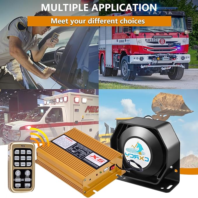 Alarm Horn Siren 12V 200W Car PA System Slim Speaker Sirens [18 Tones] [120-130dB][Wireless Mic] CXRCY Emergency Warning Siren for Vehicles Tow Truck UTV ATV Van Car POV RV