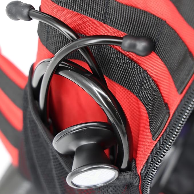 Lightning X Fully Stocked TacMed First Responder Trauma Medical Backpack EMT Kit | MB45-SKF | w/Professional First Aid Emergency Supplies (Red w/Hydration Bladder)