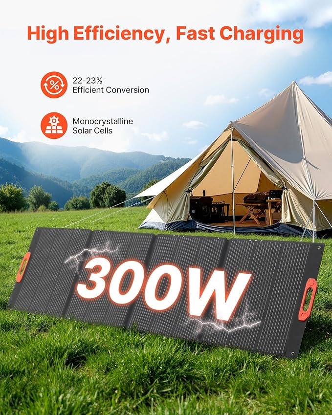 VEVOR 300W Foldable Monocrystalline Solar Panel, 23% High-Efficiency Portable Mono Solar Panel Charger with MC4 Output & 10-in-1 DC Adapters, IP67 Waterproof for Power Stations, Camping, Hiking Trips