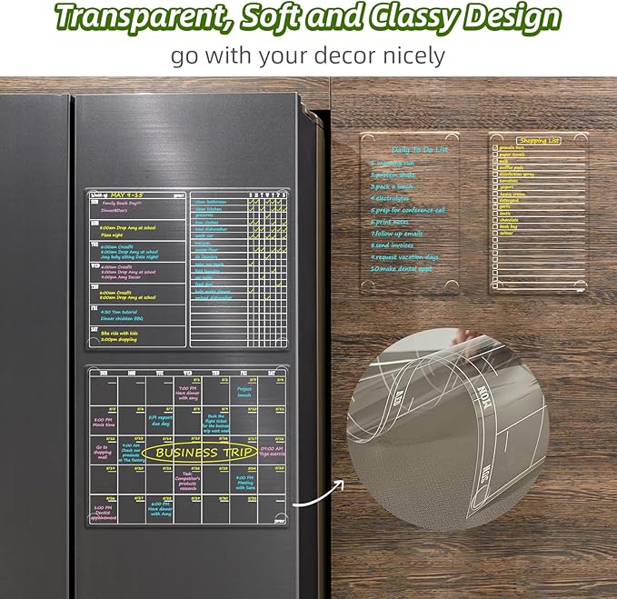 JJPRO Non-Magnetic Calendar for Fridge-Clear Monthly Calendar,Weekly Planner,List and Blank Board -Reusable Board Sticks to Fridge,Wall,Door&Glass,Non Magnetic Fridge Calendar