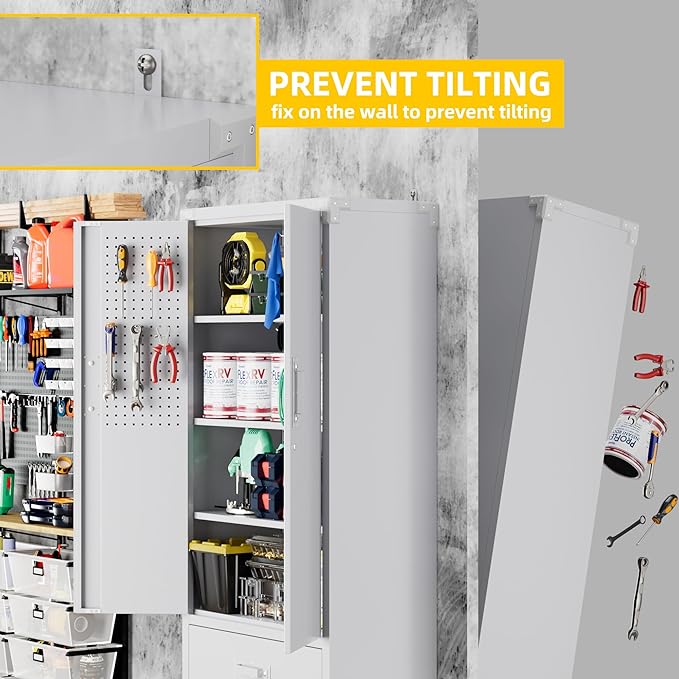 Garage Storage Cabinet with 2 Drawers and Pegboard, Metal Storage Cabinet with 2 Lockable Doors for Garage Home Office,Required Assembly,White,71.2" H*15.2" D*30" W