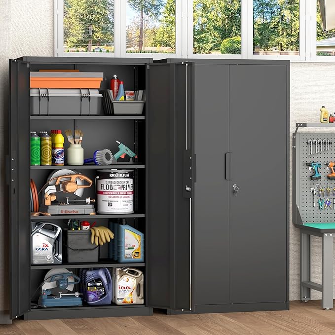72" H Metal Garage Cabinet,Metal Lockable Storage Cabinet with 2 Doors, Locking Tall Garage Storage Cabinets with Adjustable Shelves,Tool Cabinets for Home Office,Gym,School (Black)