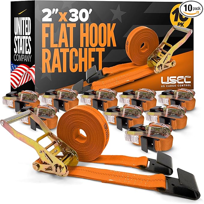 US Cargo Control Flat Hook Ratchet Straps 2 Inch X 30 Foot (10-Pack), 10,000 LBS Break Strength, Orange Heavy Duty Ratchet Straps with Black Flat Hooks, Tie Downs for Flatbed Trailer