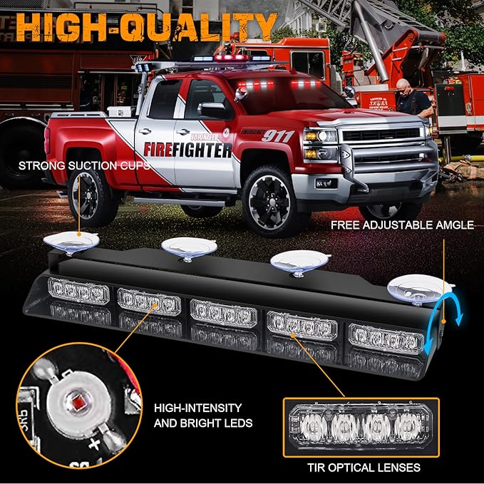 XRIDONSEN 2x 17 inch Red White Emergency Lights for Vehicles 40 LED Emergency Dash lights Interior Front/Rear Windshield Strobe Lights Safety Flashing Warning for Volunteer Firefighter Vehicles Trucks