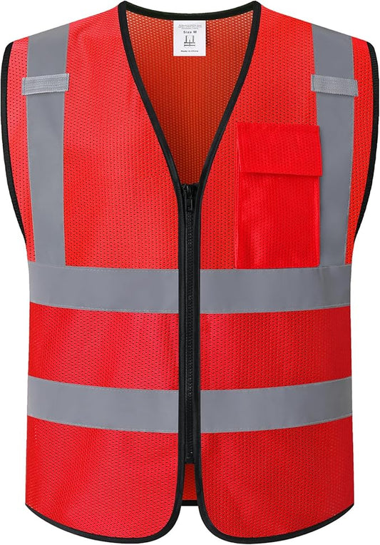 Hi Vis Safety Vest for Men Women,Mesh High Visibility Construction Work Vest Reflective with Chest Pocket and Zipper Front,Meets ANSI/ISEA Standard (KZ179-Red-XL)