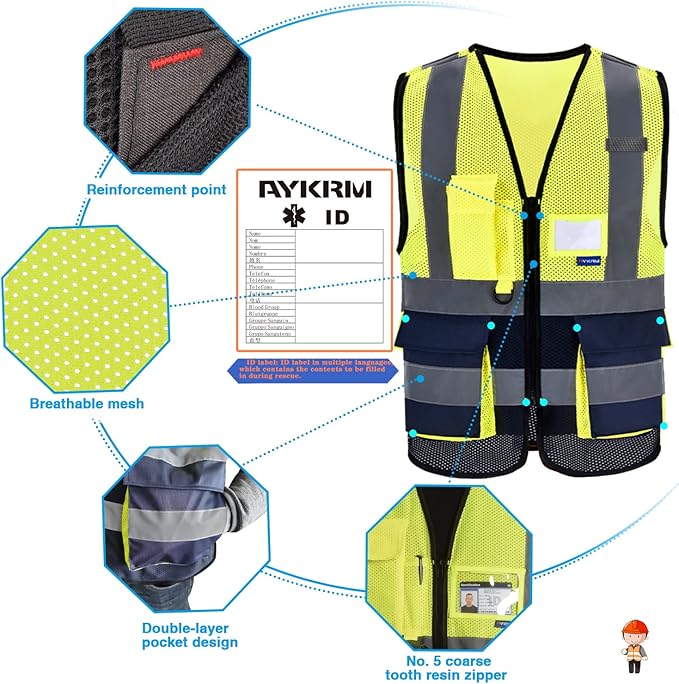 A-SAFETY High Visibility Mesh Safety Reflective Vest with Pockets and Zipper,Hi Vis Viz Reflective Safety Vest(Yellow&Navy Mesh L)