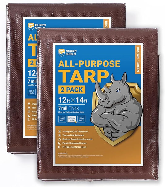GUARD SHIELD Brown/Green Tarp 12x14 Feet Medium Duty Outdoor Waterproof Multi Purpose Poly Tarps Cover 7mil (2-Pack)