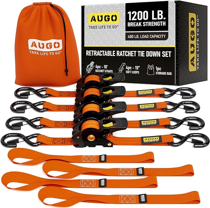 AUGO Retractable Ratchet Straps | 4 Heavy Duty Self Retractable Tie Down Straps with Soft Loops & Storage Bag for Motorcycle, Truck, Trailer, Cargo Van | 1200 Lb Break Strength 1' x 10'