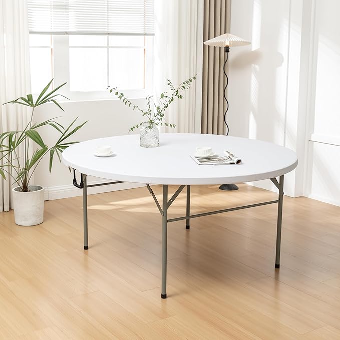 BTEXPERT White 5 Ft 60inch Round Plastic Folding Table Commercial Portable Indoor Outdoor Accessory for Patio Backyard Dining Wedding Party Events Home Kitchen