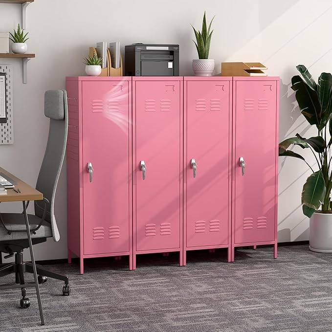 Lockable Metal Lockers with Handle and Keys,Metal Storage Locker with 2 Pegboard & 5 Hooks for Home,Office,School,Pink,Required Assembly
