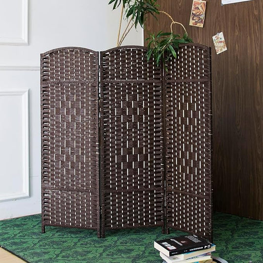 3 Panel Rattan Divider Short Room Partition Screen,Double Sided Folding Divider for Room Separation,Dark Brown,47.2" H x 47.2" W