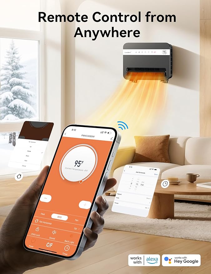 Givebest-Wall-Heater-for-Indoor-Use, 1500W Electric-Space-Heater, 120°Vertical Oscillation,Works with Alexa, Adjustable Thermostat, Remote Control, 24H Timer, Easy-mounted Heater for Indoor Use,Black
