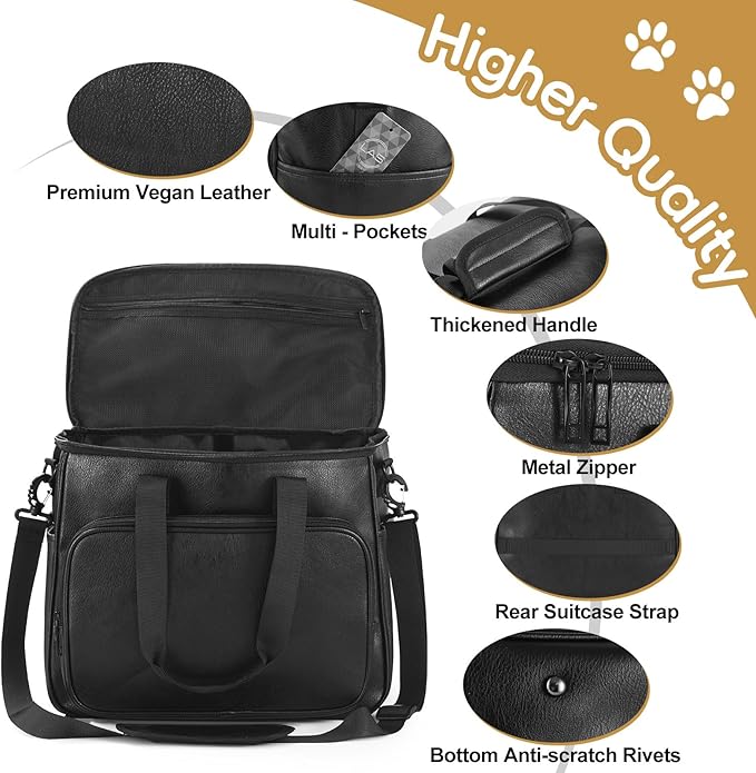 Dog Travel Bag, Leather Travel Pet Bag Set for Dog and Cat, Airline Approved Tote Organizer with Multi-Function Pockets, 2 Food Storage Containers, 2 Collapsible Bowls