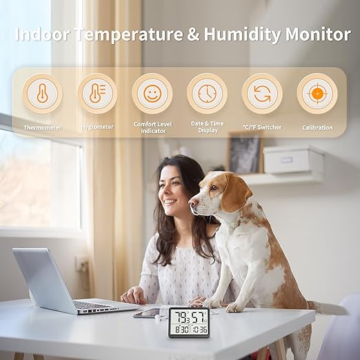 DOOMAY Room Thermometer Indoor - Hygrometer Temperature and Humidity Monitor with High Accuracy Sensor LCD Display Large Display Date Clock for Kitchen Baby Room Office (Black)